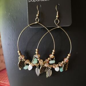 Paparazzi Gold and Mint Beaded Brass Hoop Earrings